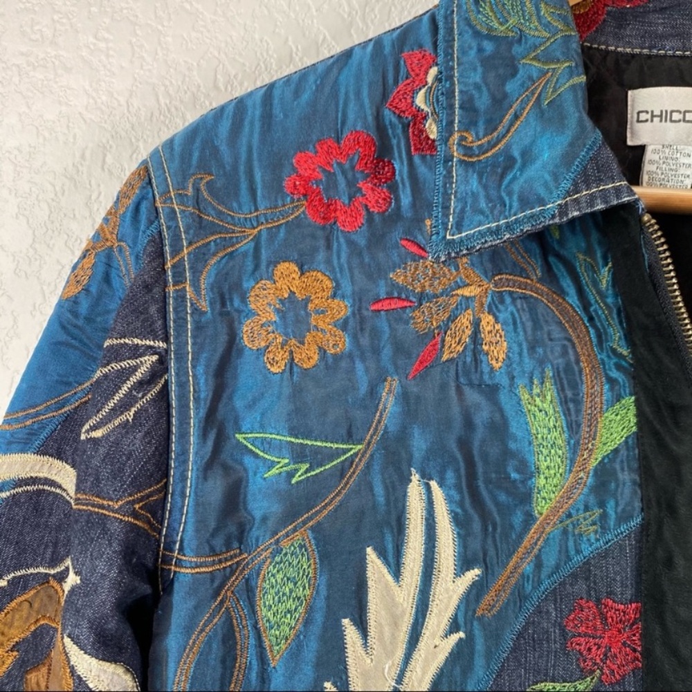 Chico’s Denim Floral Embroidered Zip Jacket - Picture 3 of 12